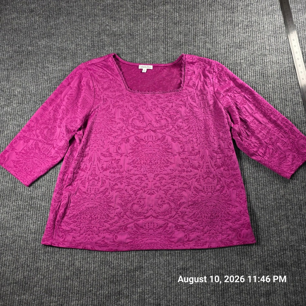 Ophelia Roe Womens 2X Magenta Pink Damask Jacquard Square Neck Lace Trim Top